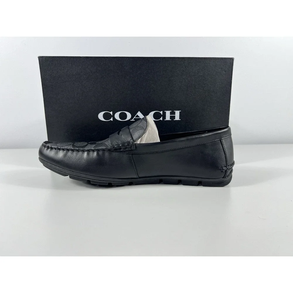 COACH Men's Shoes Loafer Size 12 US Black Leather MOTT DRIVER SIG PVC